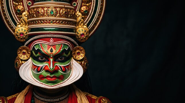Kathakali dancer with elaborate green face paint and ornate golden headpiece looking at camera, close up performance portrait, indian culture portrait.