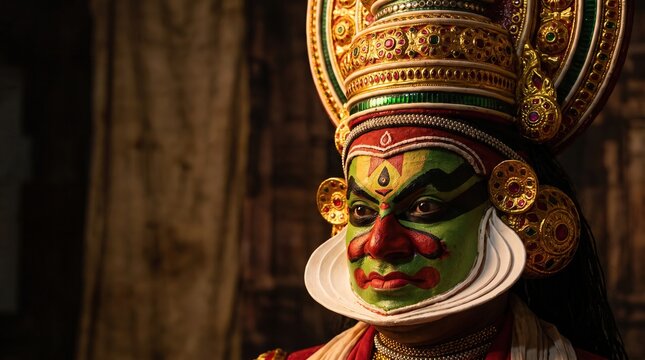 Kathakali dancer with elaborate green makeup and ornate golden headpiece, traditional indian art performer, close up shot.