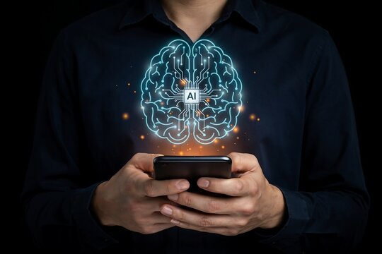 Person holding a smartphone with a glowing artificial intelligence brain icon floating above it