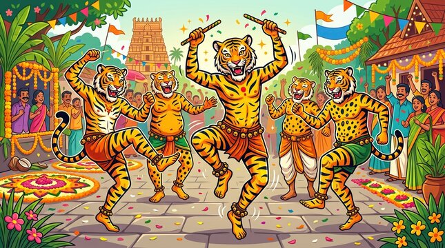 Performers painted as tigers dance energetically during traditional south indian festival with temple background, celebration dance, colorful culture.