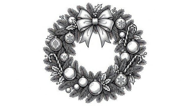 Decorative christmas wreath with pine branches bow and ornaments in a vintage hand drawn engraving style illustration