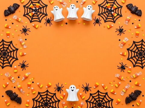 Halloween background frame with ghosts spiders spiderwebs candy corn on an orange backdrop trick or treat halloween