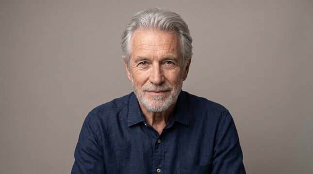 Studio portrait of a confident senior man with gray hair and beard looking directly at the camera against a clean gray background with copy space.