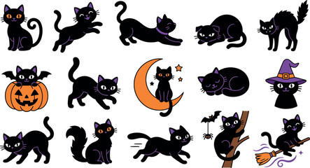 Obraz premium A colorful halloween black cat bundle icon set collection featuring various cute feline poses for seasonal holiday graphic design projects