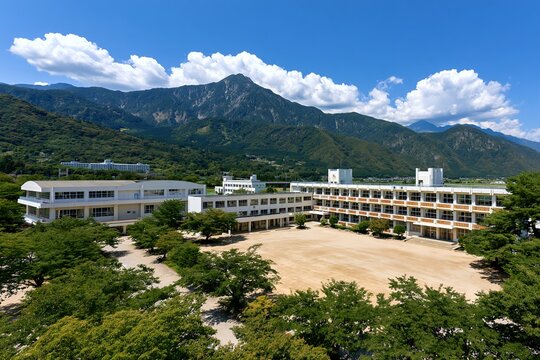 夏空と校舎日本の学び舎広いグラウンドと山並み
