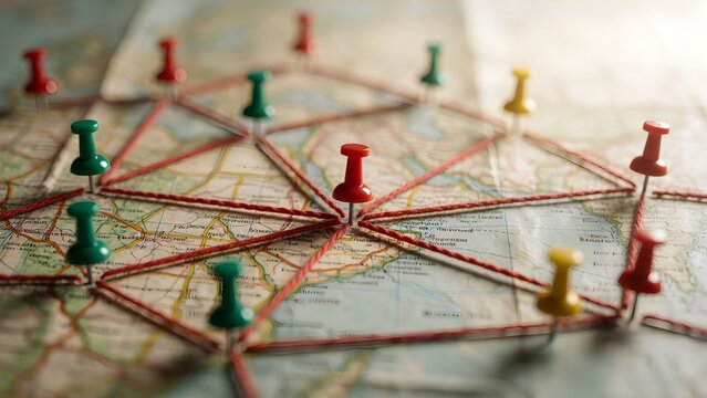 Abstract map with colorful pushpins connected by red strings symbolizing global connections