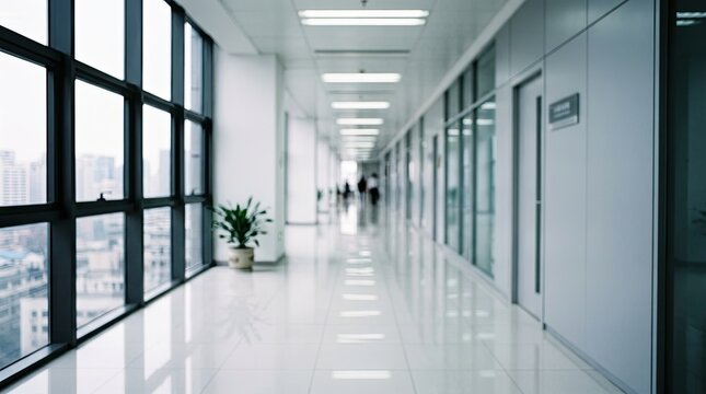 Long modern office building hallway with glass walls and bright natural lighting corridor interior building