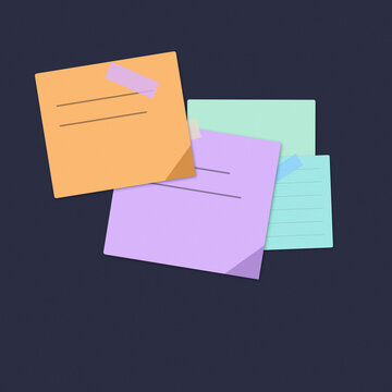 Colorful sticky notes with handwritten text arranged on a dark blue background for office planning and organization