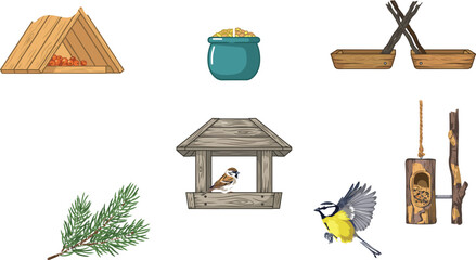 Wooden Bird Feeders and Wild Birds Vector Set Featuring House Feeders Seeds Pine Branches and Flying Garden Birds for Nature Illustrations © SARMIN