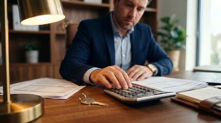 Obraz premium Professional man calculating home mortgage loan payment on office desk