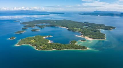 Fototapeta premium Aerial View Of A Lush Green Tropical Archipelago Surrounded By Vibrant Turquoise Water Under A Clear Blue Sky Captured From A High Altitude Camera Perspective