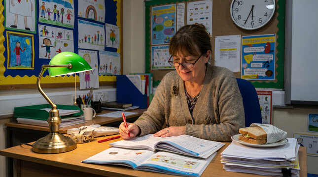 Senior Female Teacher Grading Schoolwork at Wooden Desk under Green Lamp