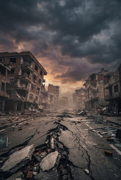 Desolate urban street scene with cracked pavement and damaged buildings under a dramatic sky, showcasing the aftermath of a natural disaster in a city environment