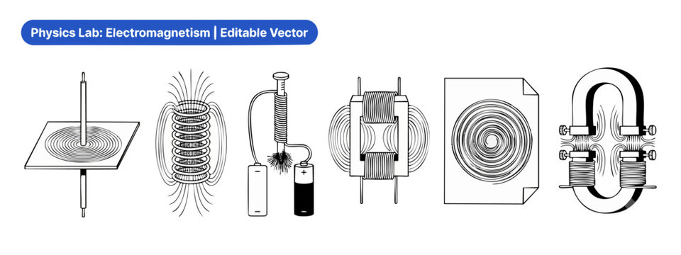 Physics electromagnetism vector diagram set showing magnetic field lines solenoid electromagnet battery experiment transformer coil and wire flux line art illustration for educational science design