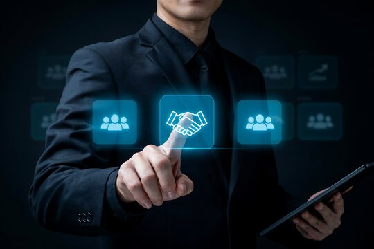 Executive touching digital handshake interface for business partnership and team cooperation