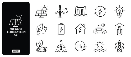 Fototapeta premium Set of energy and ecology line icons, including solar panels, wind turbine, hydroelectric dam, electric car, green house, battery, and renewable energy symbols