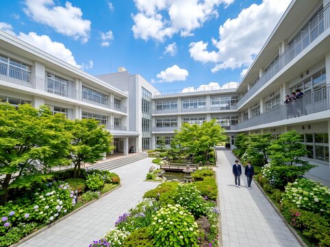 初夏の青空の下中庭を歩く制服の学生たち新緑が美しい日本の学び舎風景