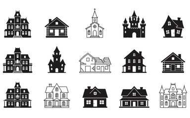 Naklejka premium Set of black silhouette icons featuring various haunted houses for a creative halloween vector bundle design project collection