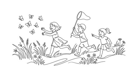 Fototapeta premium Children joyfully chasing butterflies in a grassy field with a butterfly net