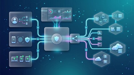Naklejka premium Futuristic cyber security network illustration featuring data nodes and glowing data streams.