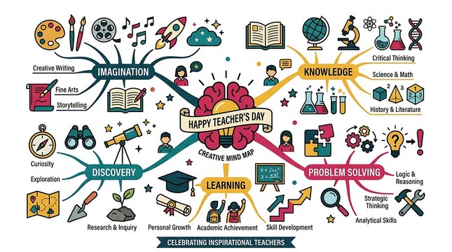 Happy teachers day infographic mind map with brain and education concepts