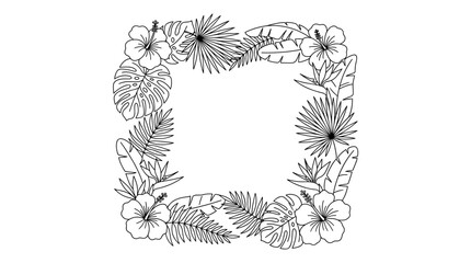 Obraz premium Tropical floral border with hibiscus monstera and palm leaves in outline style