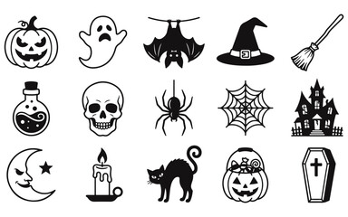 Obraz premium A comprehensive halloween vector bundle featuring black and white icons of spooky holiday elements for festive graphic design projects