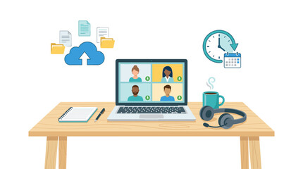 Fototapeta premium Remote Team Meeting: A laptop displays a video conference call with four participants, symbolizing remote work and collaboration. The desk setup includes headphones, a coffee cup, and a calendar.