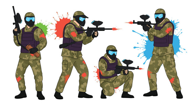 Group of paintball players in full camouflage gear, protective masks and holding guns, posing amidst colorful paint splatters.