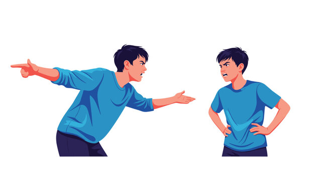 Angry father pointing his finger and shouting at his defiant teenage son during a heated family argument or conflict.