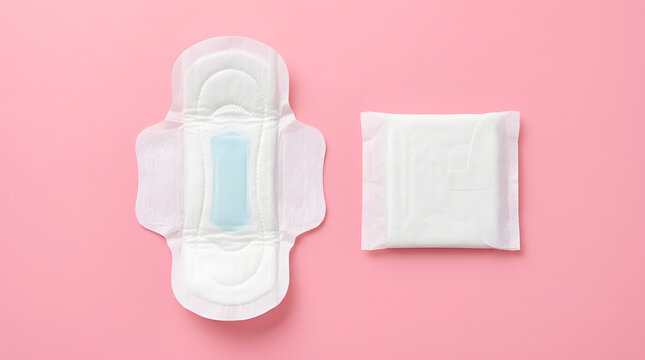 One unfolded sanitary pad and one folded wrapped menstrual pad isolated on a soft pink background
