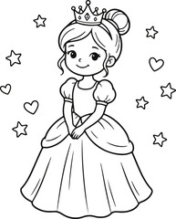 Cute little princess wearing a royal crown and a beautiful ball gown surrounded by magical floating stars illustration © Kochi