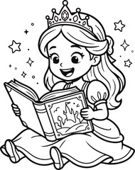 A cute little princess wearing a crown reading a magical fairy tale book with sparkles for coloring page © Kochi