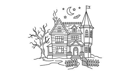Fototapeta premium Spooky haunted house with a bare tree, crescent moon, stars, and bats in the night sky, line art illustration