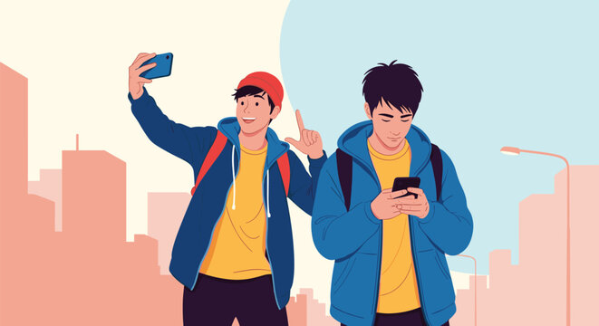Two teenage boys standing on a city street with one taking a selfie while the other is focused on using his smartphone.