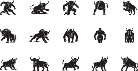 Naklejka premium Minotaur silhouette collection. Mythological bull creature icons for fantasy design projects.