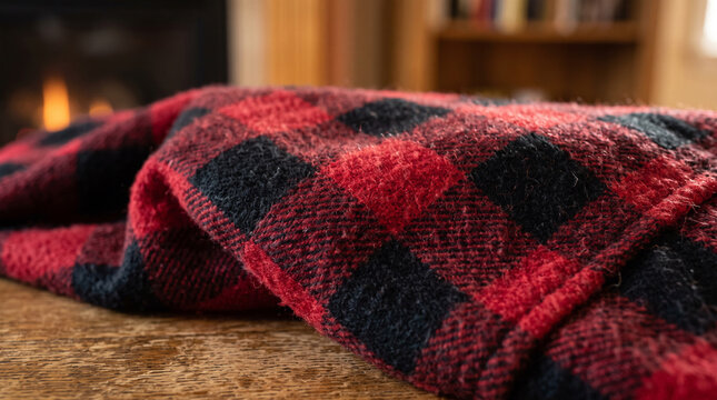 Macro perspective of fuzzy red plaid fabric illuminated by cozy indoor fire light