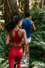 Fototapeta premium Couple trail running on a forest boardwalk background with activewear and wellness focus for outdoor workout banner and fitness poster design