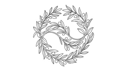Obraz premium Elegant Yin Yang Symbol Formed by Olive Branches with Leaves and Berries in Outline Style