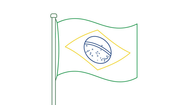 Stylized Outline of the Brazilian Flag Waving on a Pole Against a White Background