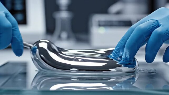 Blue Gloved Hands Manipulating a Blob of Liquid Mercury Biopolymer