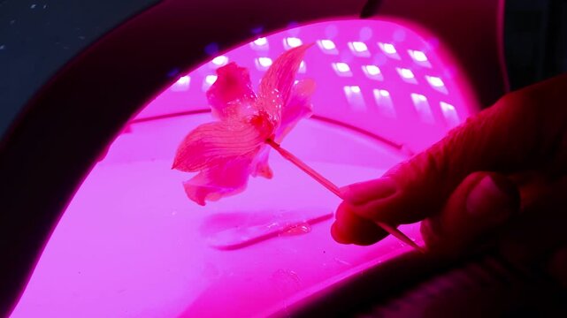 Hand holding resin coated Orchid under a UV light during accessory crafting process