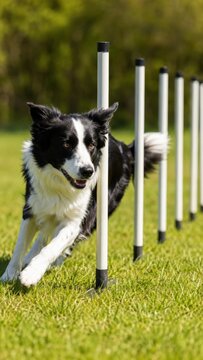 Black and white border collie dog navigating through agility poles on a grassy field under bright sunlight, showcasing athleticism and training skills