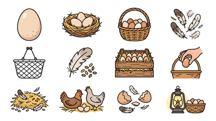 Dynamic Illustrated Collection of Eggs Chickens Baskets and Farmhouse Elements in Warm Earthy Tones © Totok