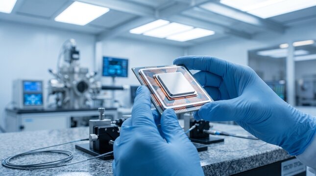 Scientist holding a sophisticated microchip component during advanced semiconductor manufacturing processes in a modern sterile laboratory cleanroom facility