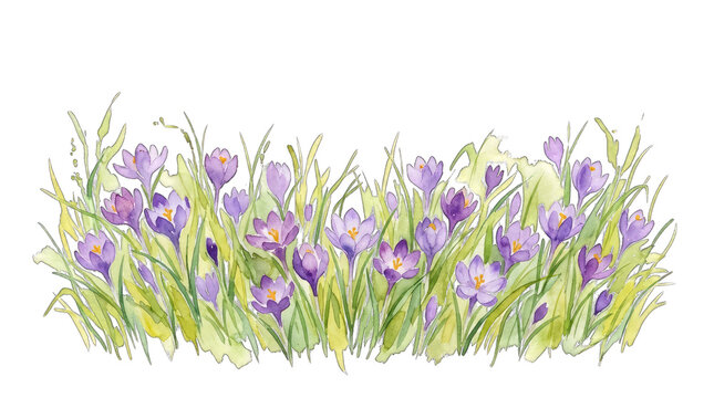 Watercolor crocus flower border isolated on transparent background spring floral design element