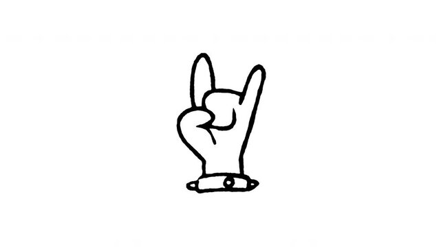 Animated rock on hand gesture doodle icon. Features 4K frame by frame boiling line animation on black and green screen backgrounds for heavy metal sign, rock concert, festival, and party vibe.