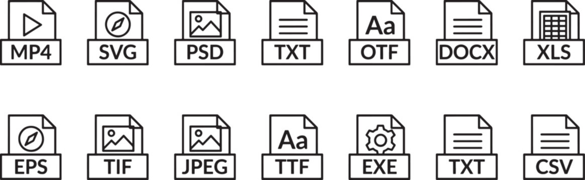 Set of file format icons. Digital document extensions. Web interface symbols.