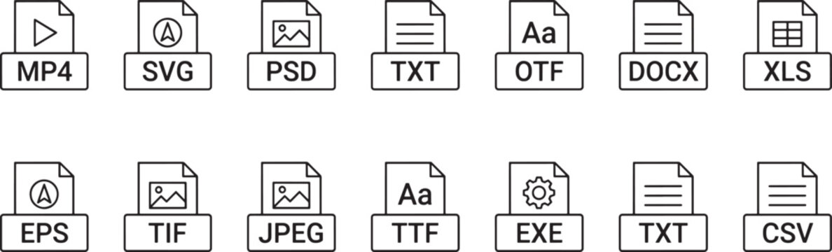 Set of file format icons. Digital document extensions. Web interface symbols.