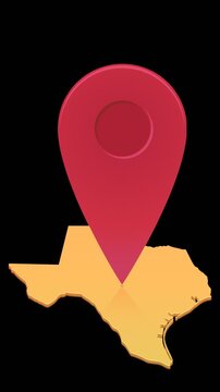 Animated location pin mark on Texas map representing travel destination, navigation, geotargeting, and logistics. Chroma key green screen with alpha channel. (loopable)